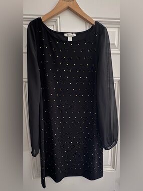 White House Black Market Black Long-Sleeve Shift Dress with Gold Studs
